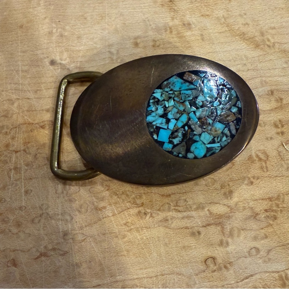 Vintage Solid Brass Belt Buckle 1978 BTS Southwest Turquoise inlay Made In USA
